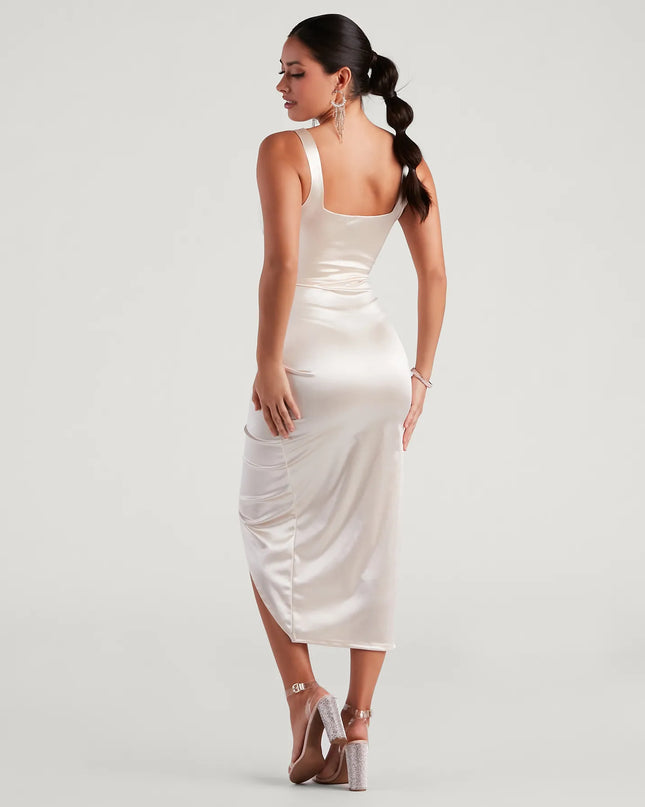 Feel instantly put-together in the Samantha Formal Satin Midi Dress in ivory, a stylish wedding guest dress designed for confident style and all-out celebration.