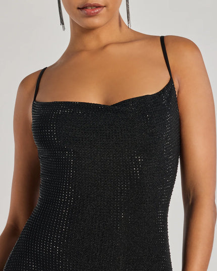 A stunning pick for an engagement photoshoot outfit or wedding guest dress, this formal dress showcases the Paige Rhinestone Formal Bodycon Mini Dress in black with a graceful silhouette that captures the moment.