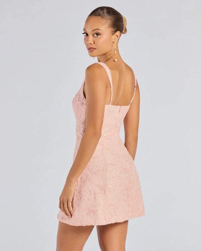 Own every entrance in the Clarice Sequin Beaded Lace A-Line Mini Dress, a pink party dress perfect for milestone birthdays and grad parties, or dancing through weekend nights and unforgettable bachelorette celebrations.
