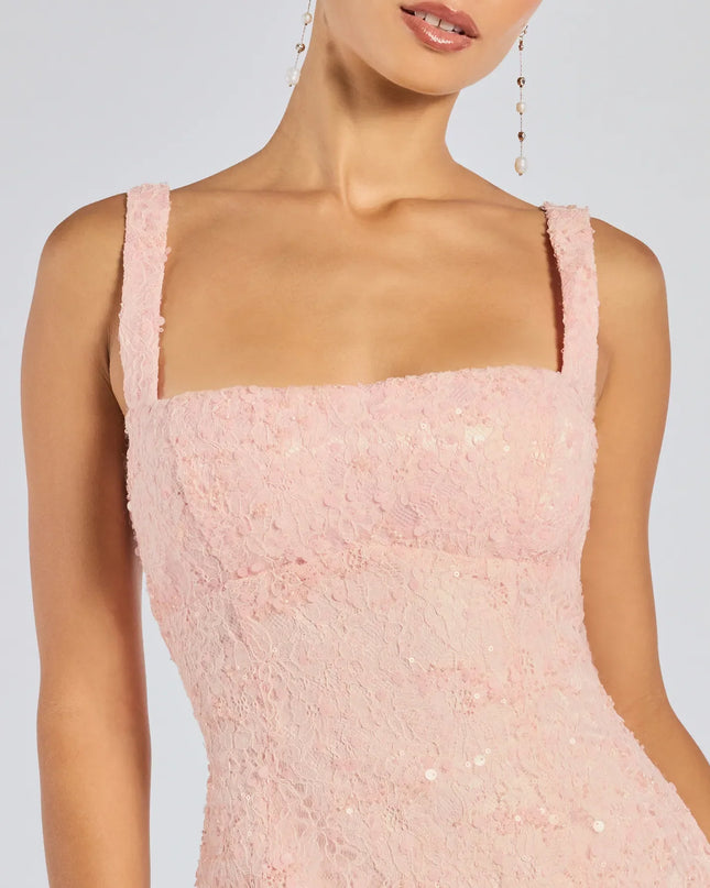 Make a bold statement in the Clarice Sequin Beaded Lace A-Line Mini Dress in pink, the perfect dress for outdoor weddings, cocktail hours, nights out, and/or seasonal celebrations.