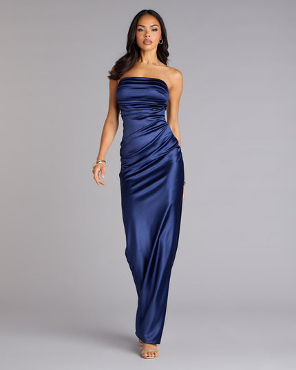 Brianna Satin Strapless High Slit Column Dress