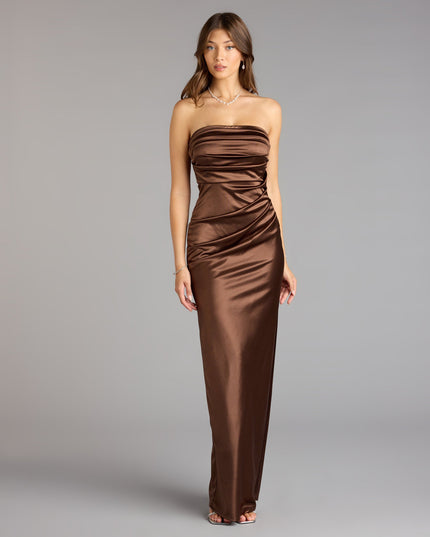 Brianna Satin Strapless High Slit Column Dress