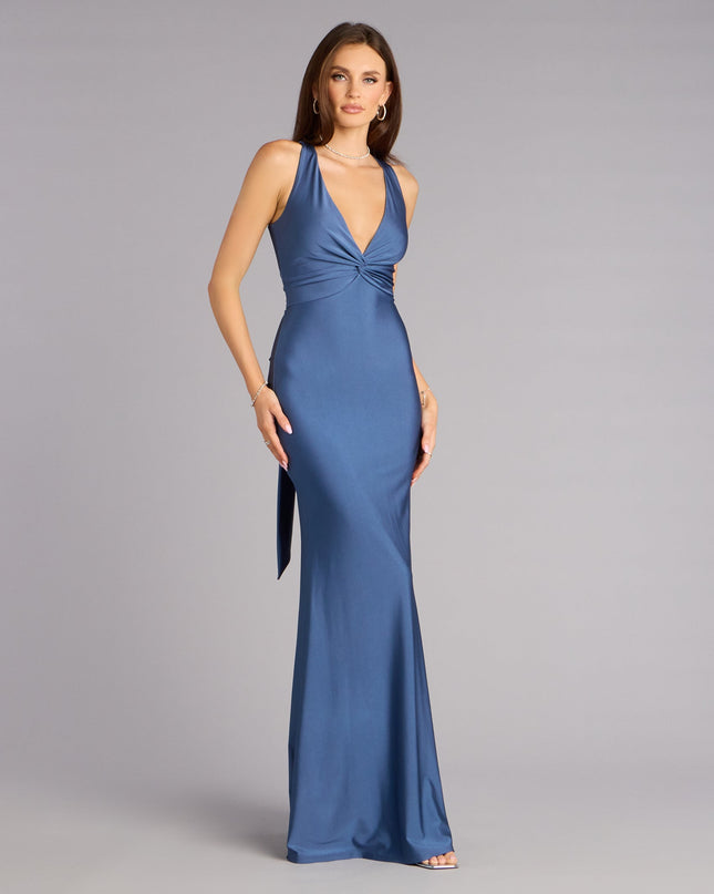 Choose the Adrianne Plunge Bow Mermaid Formal Dress, a denim blue prom dress for a playful shape and glam finish that feels exciting, confident, and so you.