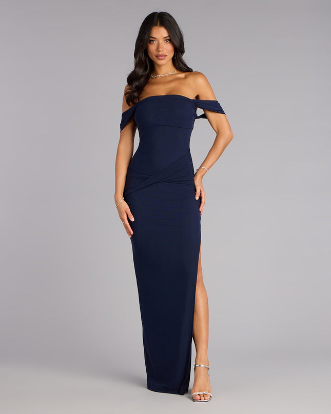 Kara Mesh Off-The-Shoulder Slit Formal Dress