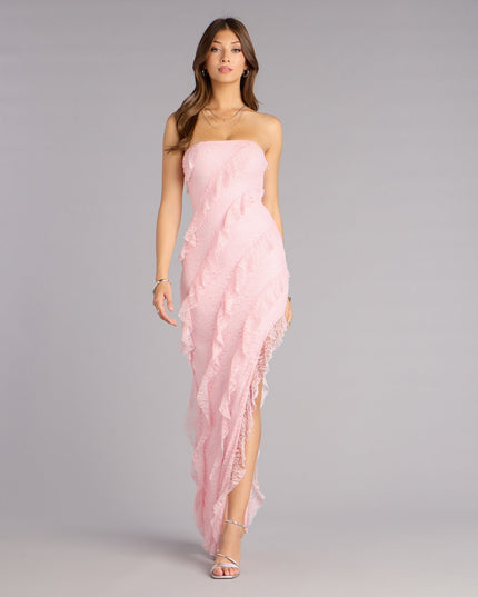Ellie Ruffled Lace High Slit Formal Dress