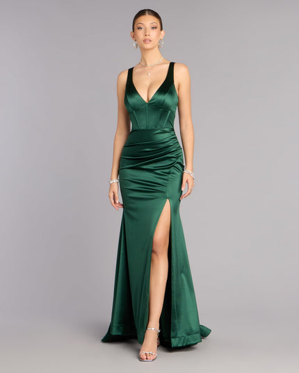 Mellie Satin Lace Up Slit Formal Dress