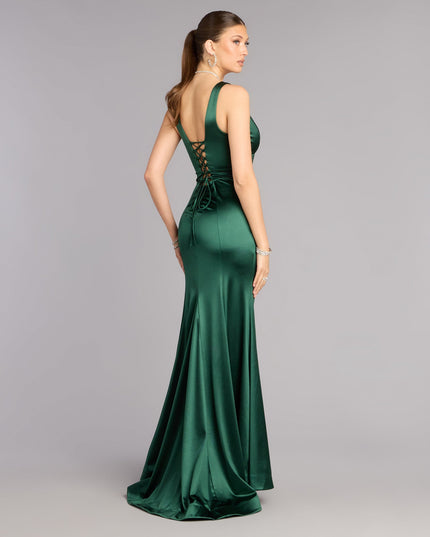 Mellie Satin Lace Up Slit Formal Dress