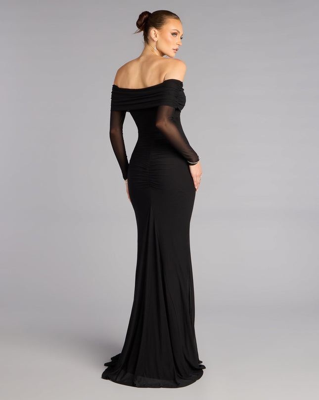 The Cara Mesh Off-Shoulder Mermaid Formal Dress is a long sleeve, black prom dress that blends trend-forward design with a flattering fit, perfect for celebrating your night with confidence.