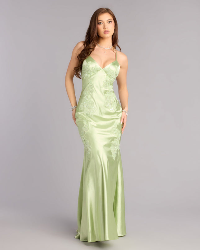 Shop a formal dress like the Rachel Satin Open Back Formal Dress in sage green, designed with a sleek silhouette, luxe fabric, and elegant detail for special events.