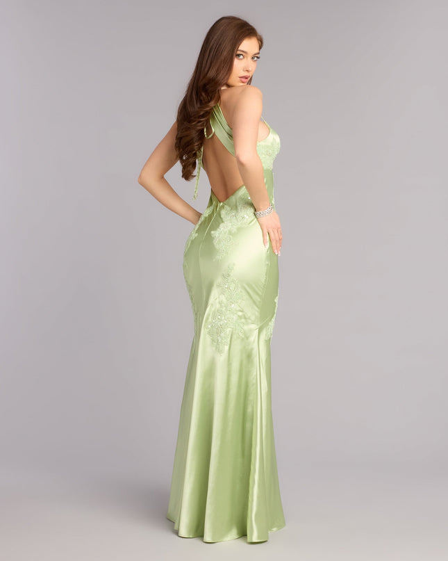 Discover a formal dress like the Rachel Satin Open Back Formal Dress in sage green featuring a flattering fit, smooth fabric, and refined design for any formal occasion.