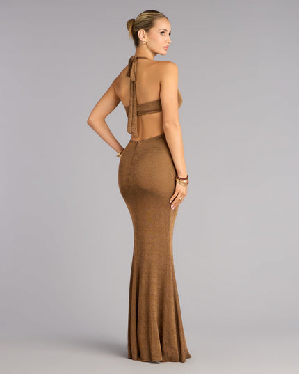 Laren Metallic Halter Mermaid Formal Dress