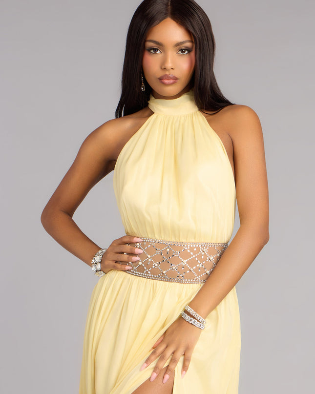 Shop a formal dress like the Monica Chiffon Embellished Formal Dress in yellow, designed with a sleek silhouette, luxe fabric, and elegant detail for special events.