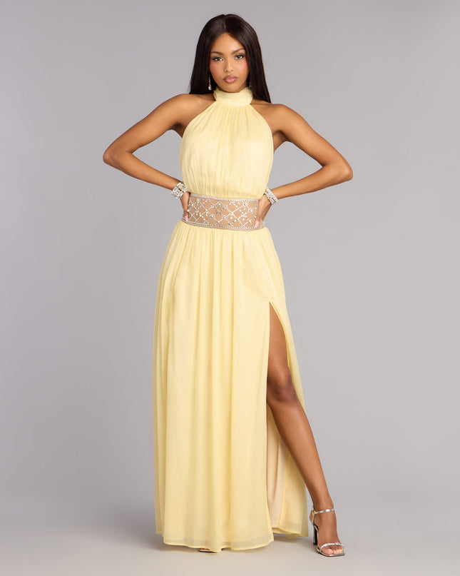 Discover a formal dress like the Monica Chiffon Embellished Formal Dress in yellow featuring a flattering fit, smooth fabric, and refined design for any formal occasion.
