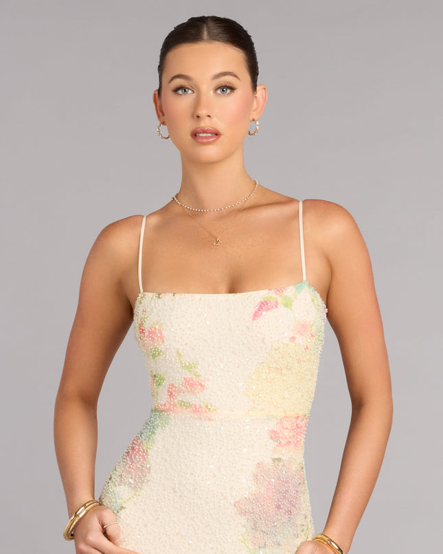 Linda Floral Beaded Column Formal Dress