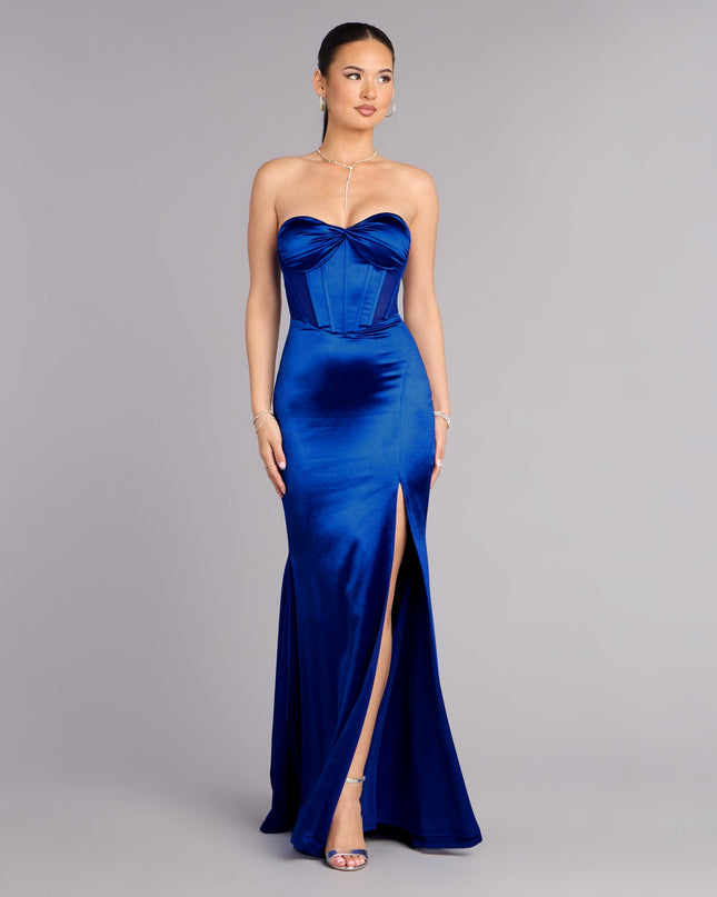 Shop a formal dress like the Serenity Satin Slit Lace-Up Formal Dress in royal blue, designed with a sleek silhouette, luxe fabric, and elegant detail for special events.