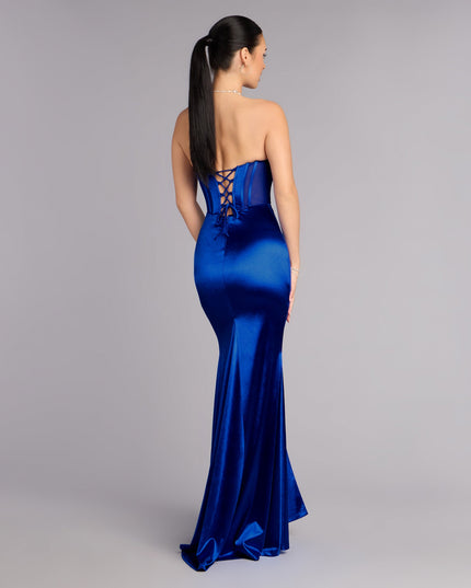 Discover a formal dress like the Serenity Satin Slit Lace-Up Formal Dress in royal blue featuring a flattering fit, smooth fabric, and refined design for any formal occasion.