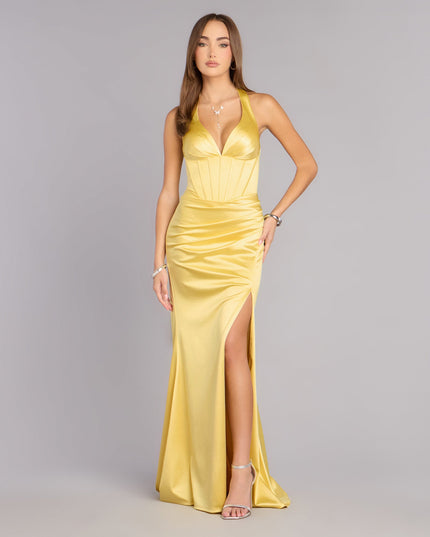 Shop a formal dress like the Jaycee Satin Corset Mermaid Dress in yellow, designed with a sleek silhouette, luxe fabric, and elegant detail for special events.