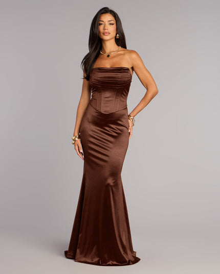 Shop a formal dress like the Jess Satin Corset Lace-Up Mermaid Formal Dress in brown, designed with a sleek silhouette, luxe fabric, and elegant detail for special events.