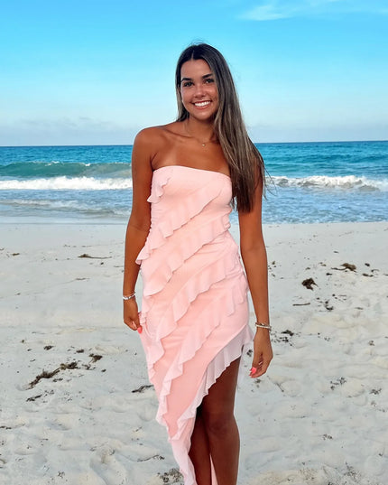 Feel ready for every dance floor moment or feed-worthy reel in the Gabby Formal Mesh Strapless Ruffle Long Dress, a pink homecoming dress designed to own your moment.