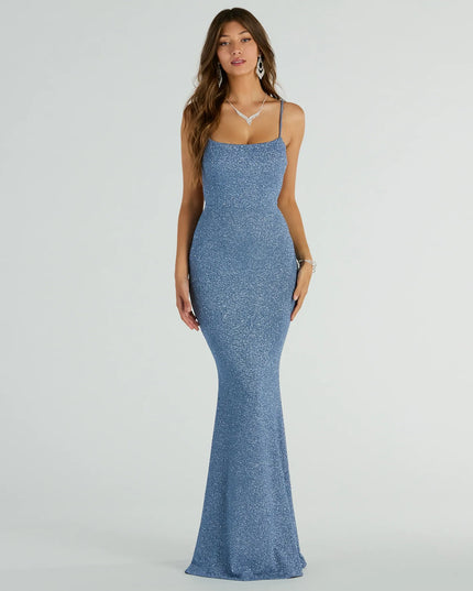 Shimmer through every feed refresh in the Gwendolyn Glitter Knit Bow-Back Mermaid Dress, a viral-worthy look from Windsor's light blue prom dresses that nails bold, confident energy.