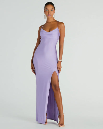 Natalie Cowl Neck Lace-Up Slit Column Dress