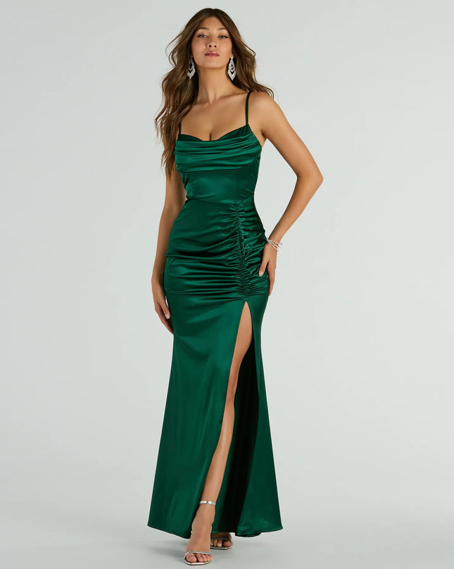 Feel polished and confident in the Jazmine Cowl Neck Slit A-Line Satin Formal Dress, a hunter green prom dress designed with luxe fabric and modern detail that shows off your vibe.