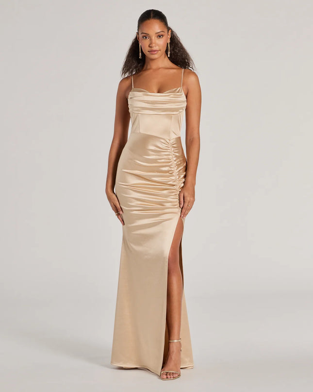 Feel polished and confident in the Jazmine Cowl Neck Slit A-Line Satin Formal Dress, a taupe prom dress designed with luxe fabric and modern detail that shows off your vibe.