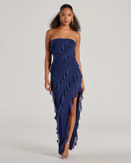 Feel polished and confident in the Gabby Formal Mesh Strapless Ruffle Long Dress, a navy blue prom dress designed with luxe fabric and modern detail that shows off your vibe.