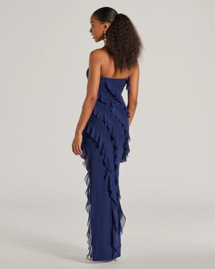 Gabby Formal Mesh Strapless Ruffle Long Dress in navy blue, a stunning maid-of-honor dress with a flattering fit and romantic details, perfect for spring wedding themes.