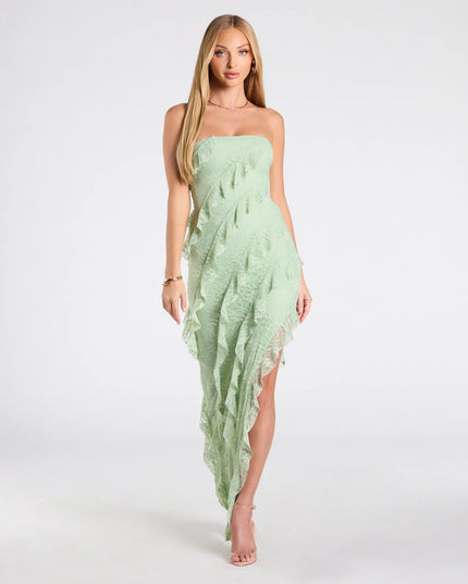 Ellie Ruffled Lace High Slit Formal Dress