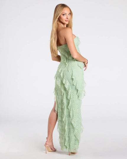 Ellie Ruffled Lace High Slit Formal Dress