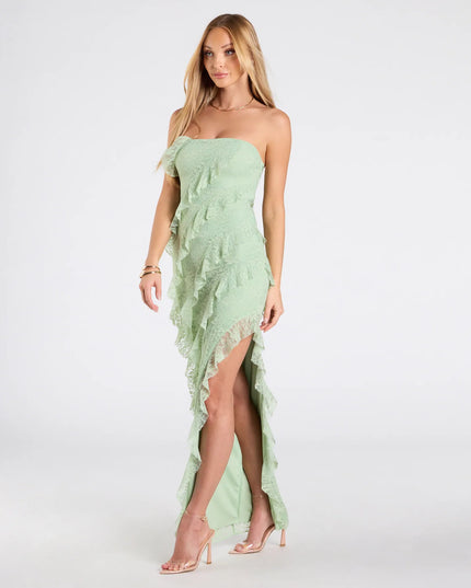 Ellie Ruffled Lace High Slit Formal Dress