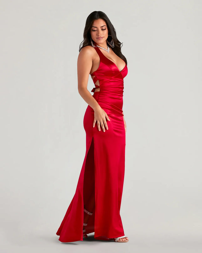 The Jamie Lace-Up Satin Formal Dress in luxe red fabric, a stunning prom dress with statement details designed to make a bold impression at Prom 2026.