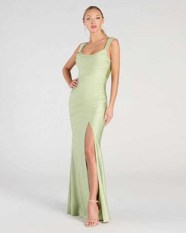 The Kaitlin Low Back Slit Mermaid Formal Dress in luxe sage green fabric, a stunning prom dress with statement details designed to make a bold impression at Prom 2026.