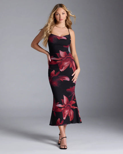 The Captivating Floral Mesh Lace-Up Midi Dress is your new go-to black dress—effortless, versatile, and made to update your fall style in seconds.