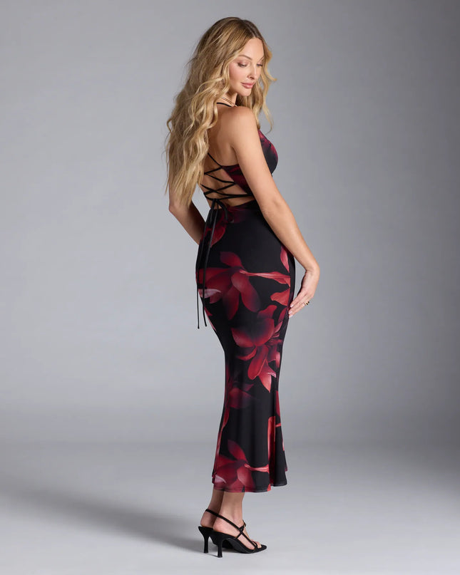 The Captivating Floral Mesh Lace-Up Midi Dress in black features a flattering fit and mid-calf hem, redefining effortless midi dresses for any occasion.