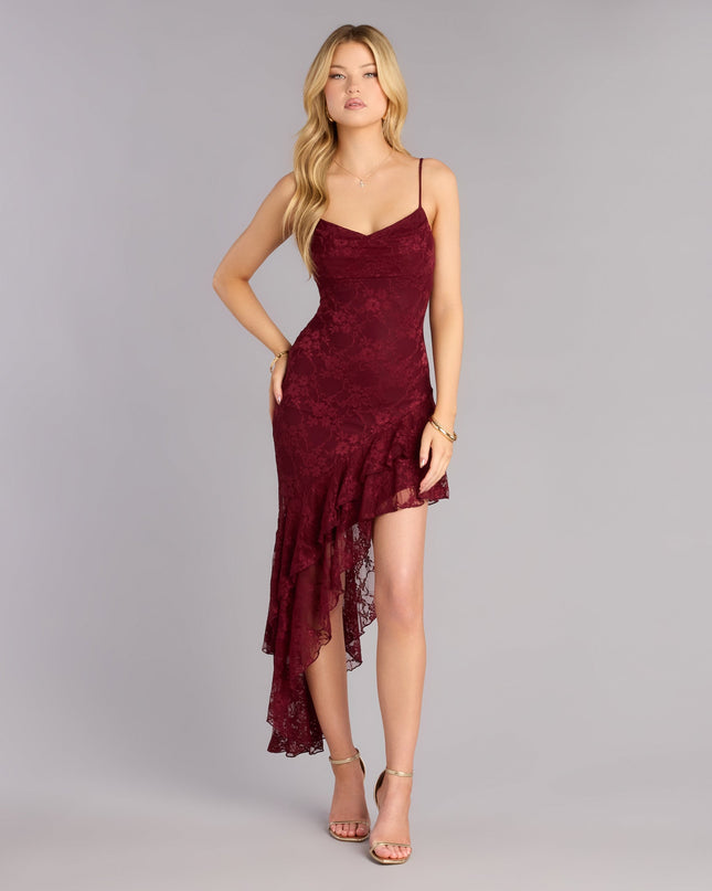 Elevate your look with a midi dress like the RSVP Ready Lace Asymmetric Ruffle Midi Dress in wine, featuring a flattering mid-length silhouette and effortless, polished style.