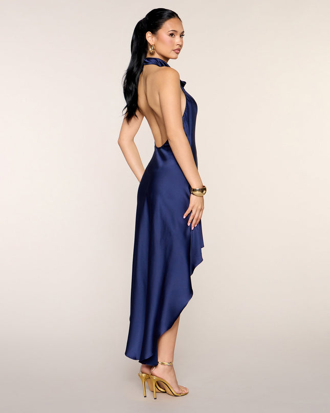 Chic Entrance Satin High Neck Midi Dress