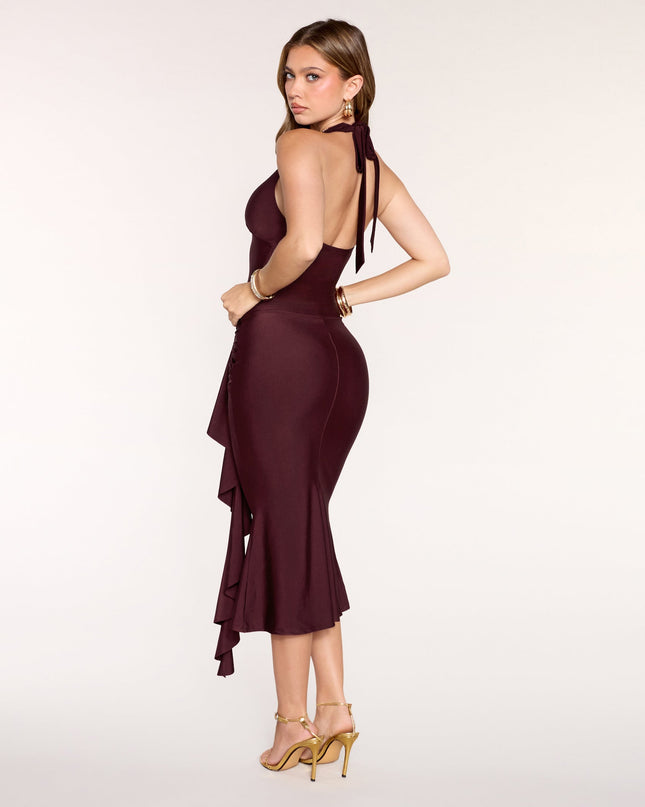 Plans Pending Ruffle Bodycon Midi Dress