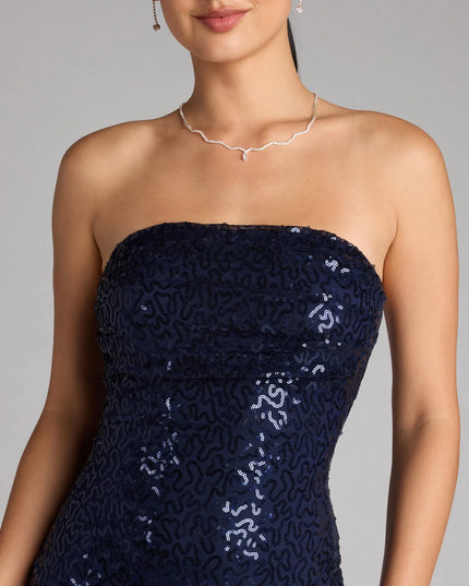 The Sparkle Goals Sequin Tube Mini Dress is your new go-to navy blue dress—effortless, versatile, and made to update your party-ready style in seconds.