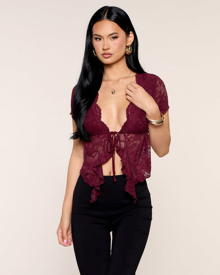 Date Confirmed Lace Ruffle Tie-Front Top