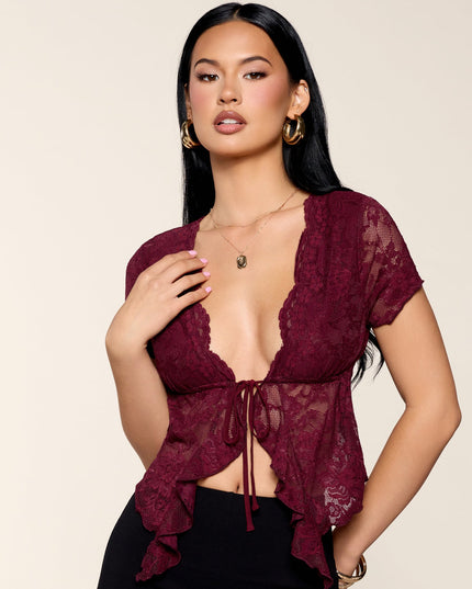 Date Confirmed Lace Ruffle Tie-Front Top