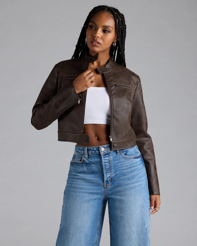 Layer the Along For The Ride Faux Leather Biker Jacket over any outfit to add edge and structure with this sleek brown faux leather jacket.