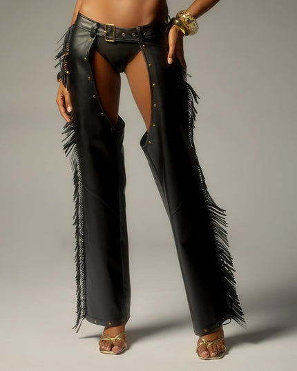 Outlaw Mood Faux Leather Fringe Chaps