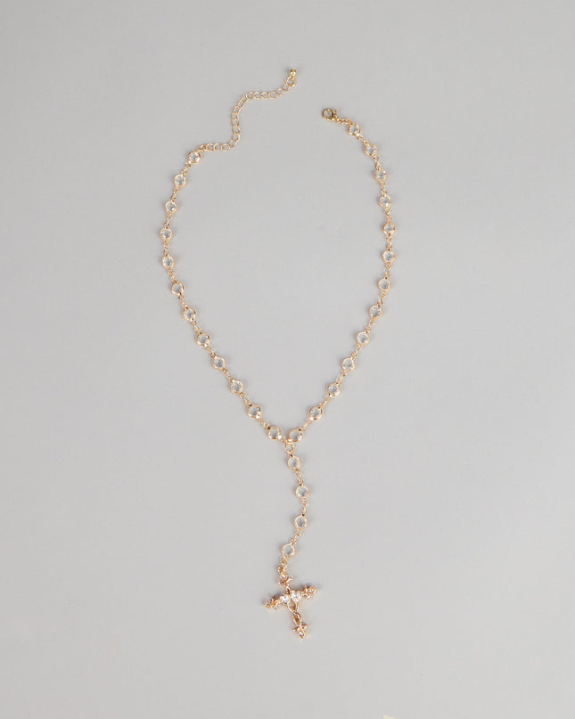 Soft Glow Rhinestone Cross Lariat Necklace