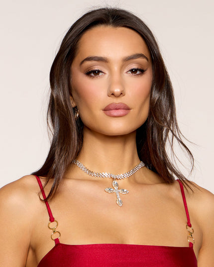 Bold Shine Rhinestone Cross Statement Necklace