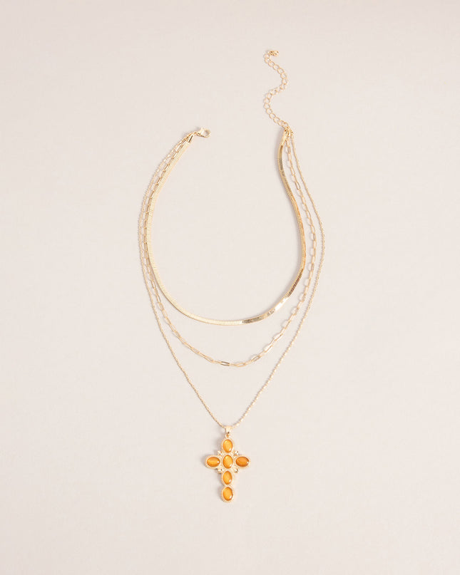 Chic Layers Stone Cross Charm Necklace